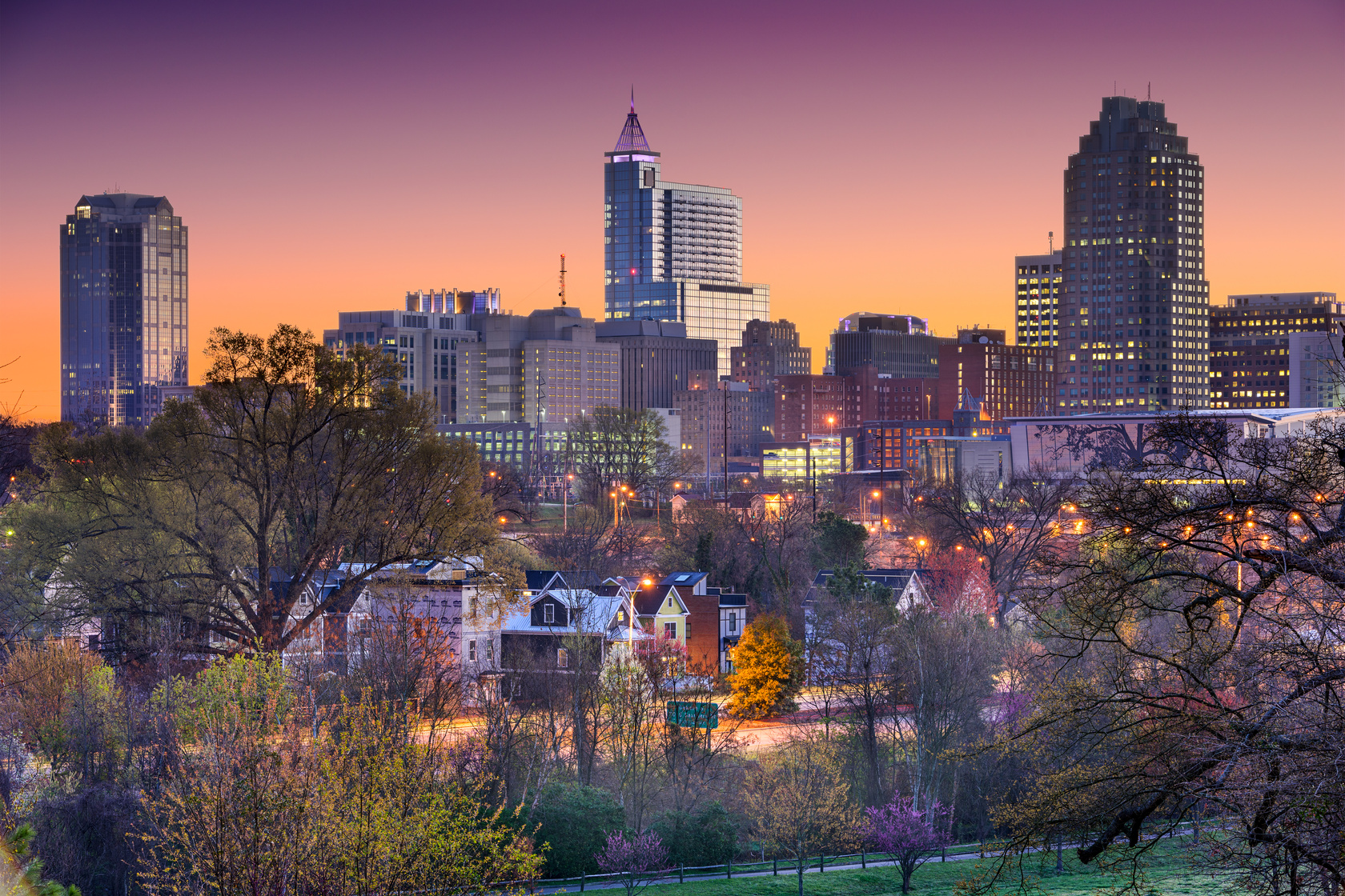 Landscape view of Raleigh, North Carolina skyline at dusk